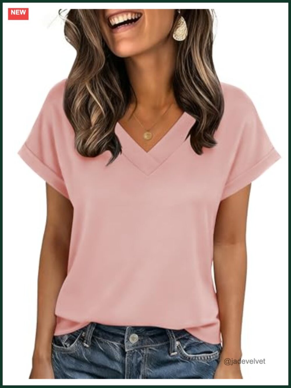 Women's V-Neck Rolled Short Sleeve Blouse Soft Stretch Summer Top